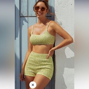 NWT SeaFancy Lime Green Floral Smocked Bikini Set, size XS